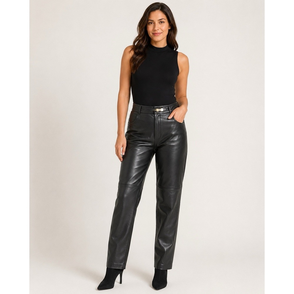 Vintage Y2K Moda International Black Genuine Leather Pants Women's Size 10